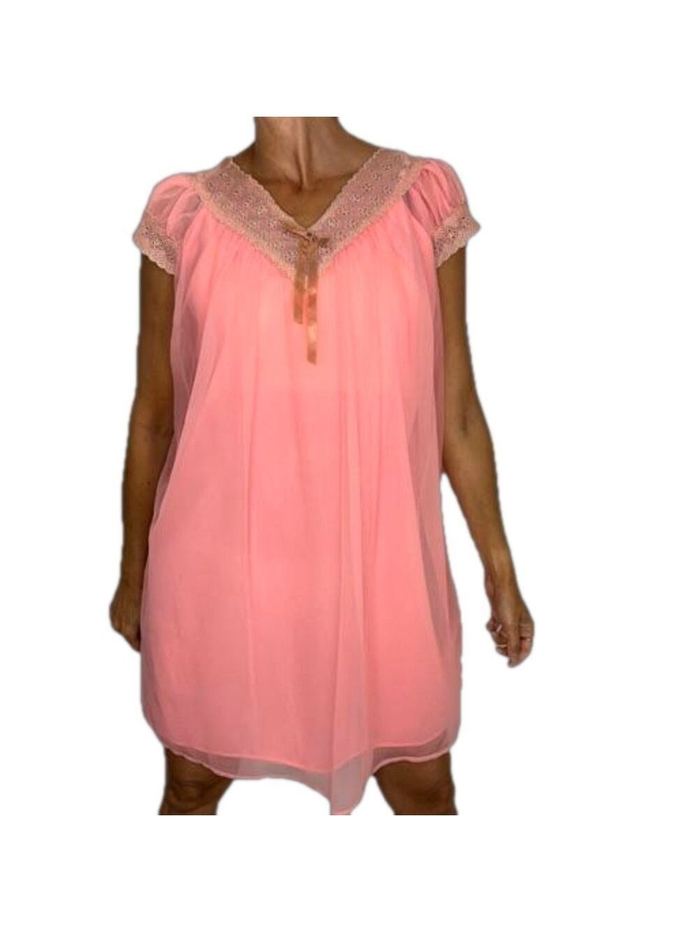 Vintage 60s Queentex coral chiffon beige lace babydoll nighty M